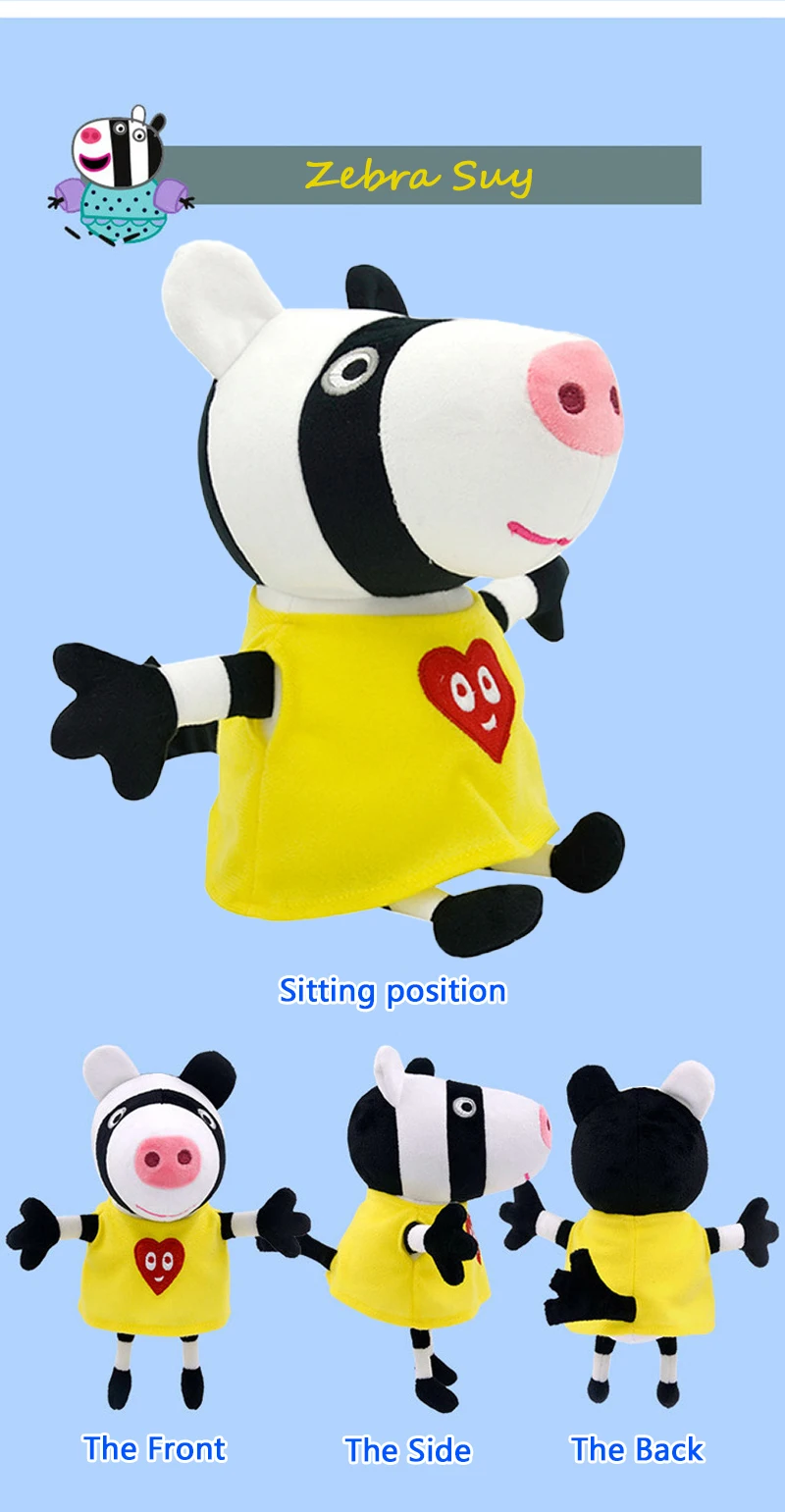 Peluche Zebra Zéza – Porquinha Peppa 28cm - Peluche Infantil Descubra o Peluche Zebra Zéza da Porquinha Peppa (28cm). Um peluche infantil macio, seguro e certificado CE, perfeito para fãs da série do Canal Panda.