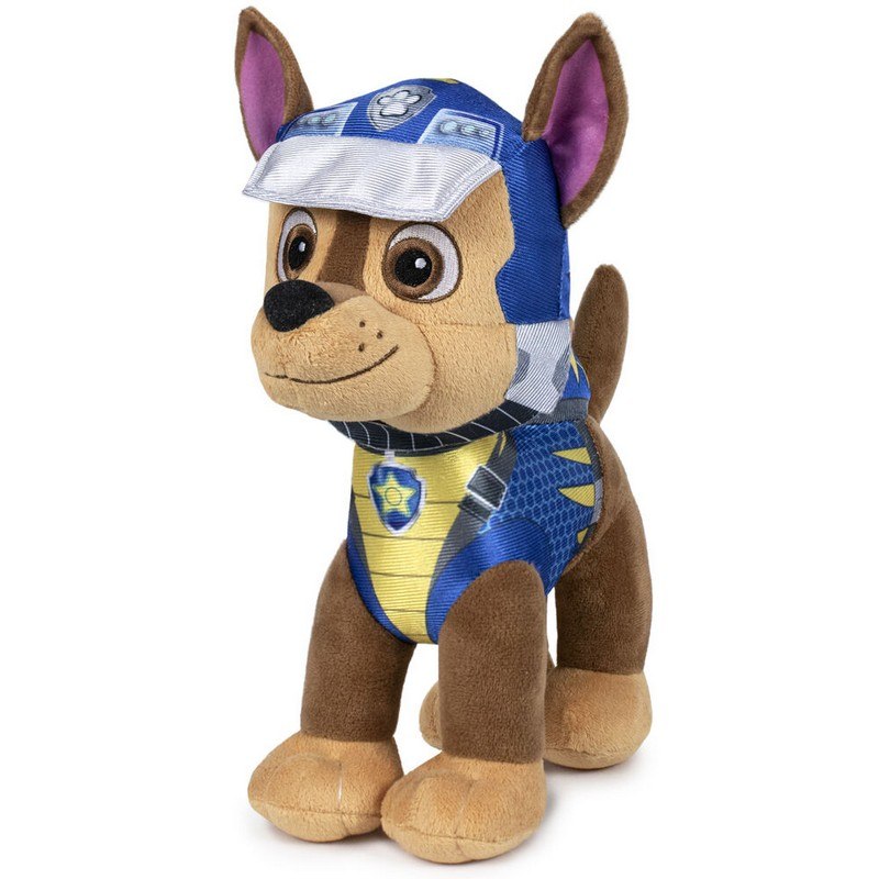 Descubra o Peluche Chase Dino Rescue - Patrulha Pata 27cm, um peluche médio macio e certificado CE, perfeito para fãs de peluches de séries infantis e Patrulha Pata. Ideal como presente para crianças!
