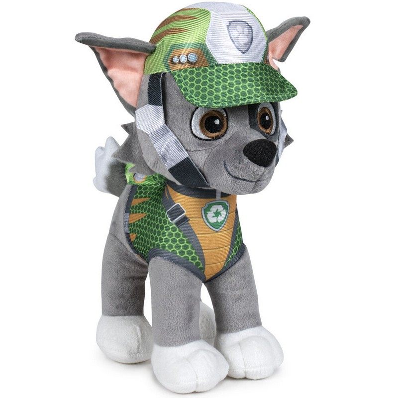 Descubra o Peluche Rocky Dino Rescue - Patrulha Pata 27cm, um peluche médio macio e certificado CE, perfeito para fãs de peluches de séries infantis e Patrulha Pata. Ideal como presente para crianças!