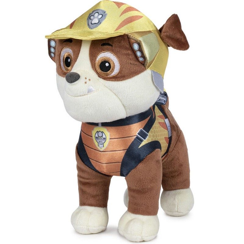 Descubra o Peluche Rubble Dino Rescue - Patrulha Pata 27cm, um peluche médio macio e certificado CE, perfeito para fãs de peluches de séries infantis e Patrulha Pata. Ideal como presente para crianças!