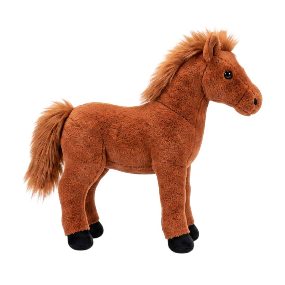 Descubra o Peluche Cavalo disponível em Castanho Escuro, Branco, Preto e Castanho Claro. Macio, realista e ideal para crianças e fãs de peluches de cavalos.
